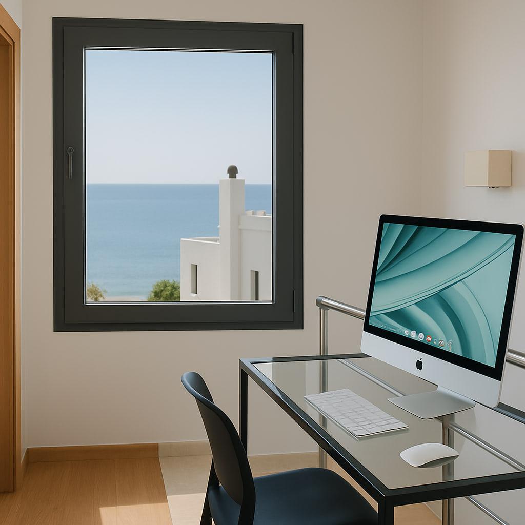 Ο χώρος εργασίας, με iMac και θέα στη θάλασσα